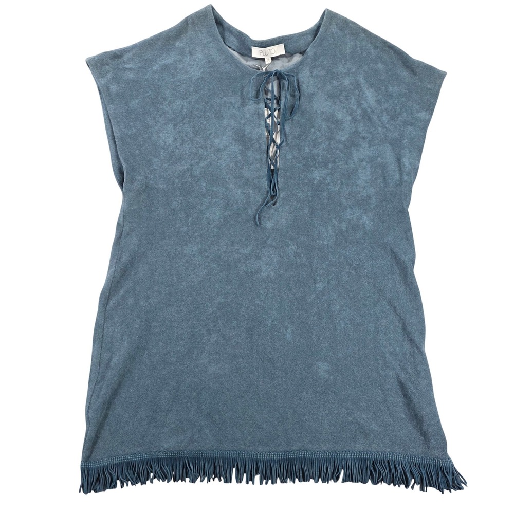 Pluto Lingerie Terry Cover Up Fringe Faux Suede Tunic Midsummer Blue 36 Womens